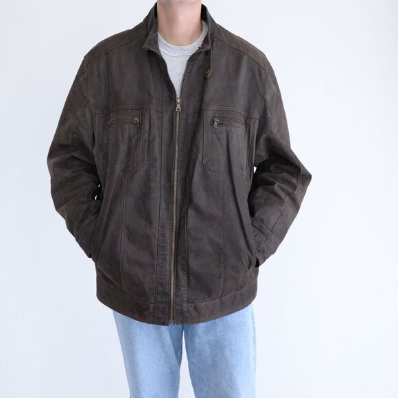 Vintage Danier Brown 100% Suede Leather Cotton Lined Zip Up Moto Jacket 2XL - Picture 1 of 15